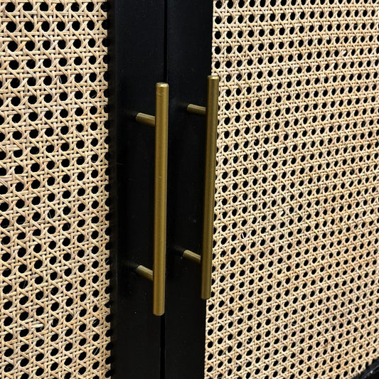 Crestview Siny 46" Cabinet | 2 Rattan Doors | Polished Black Wood