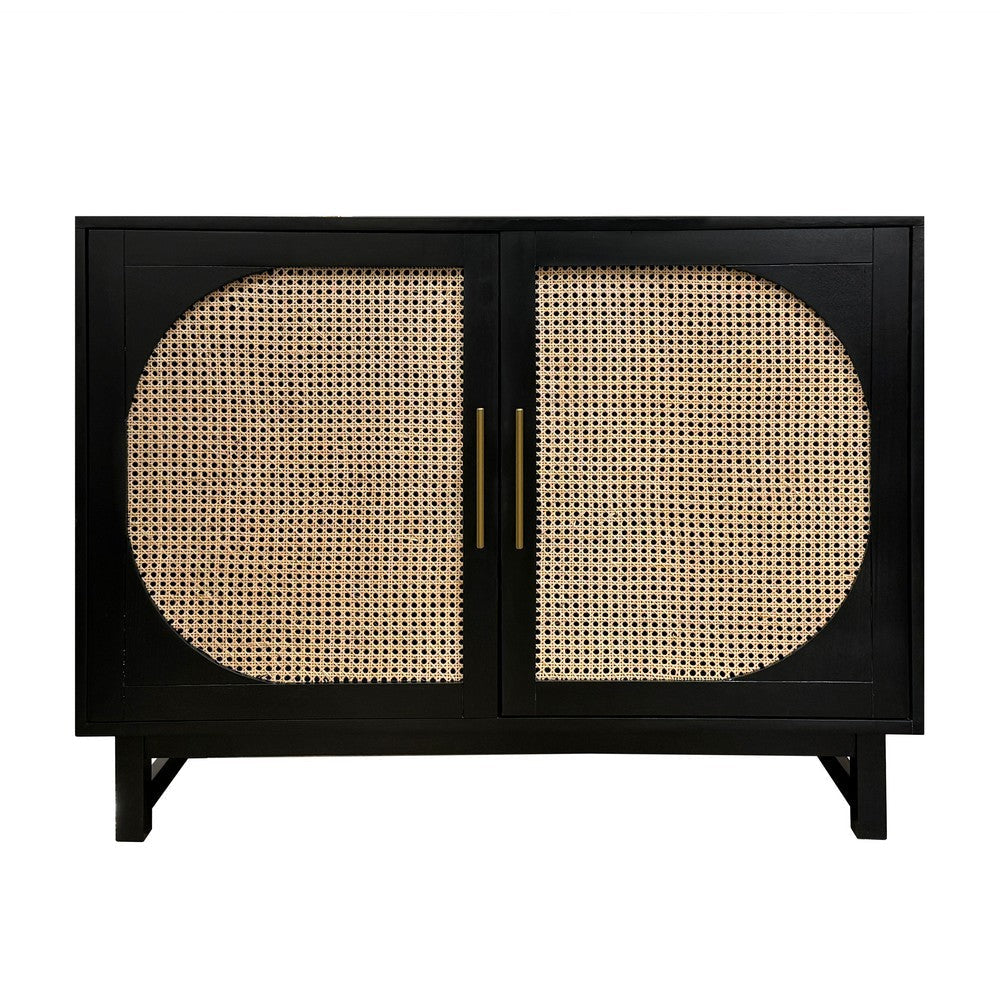 Crestview Siny 46’’ Cabinet | 2 Rattan Doors | Polished Black Wood CCL-CVFDR1176