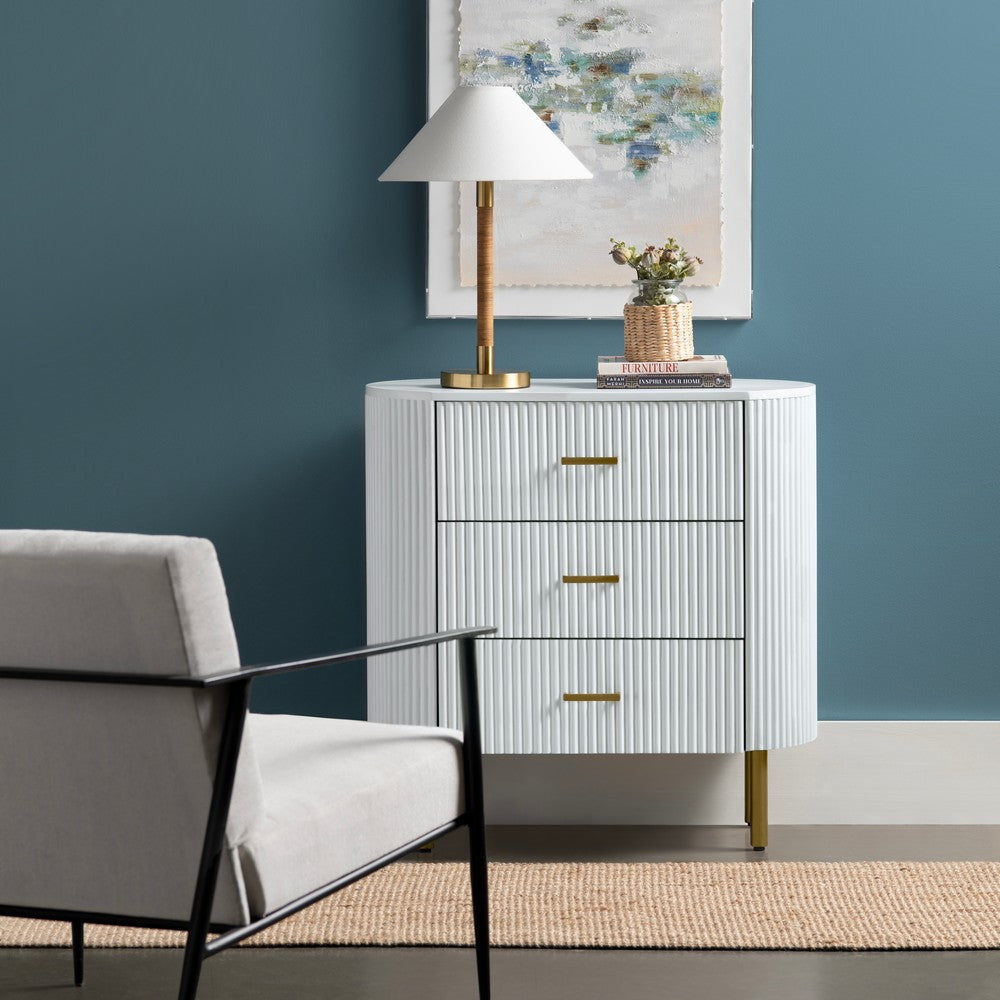 Crestview Simy Oversize Nightstand Chest | 3 Drawer | Fluted White | Gold