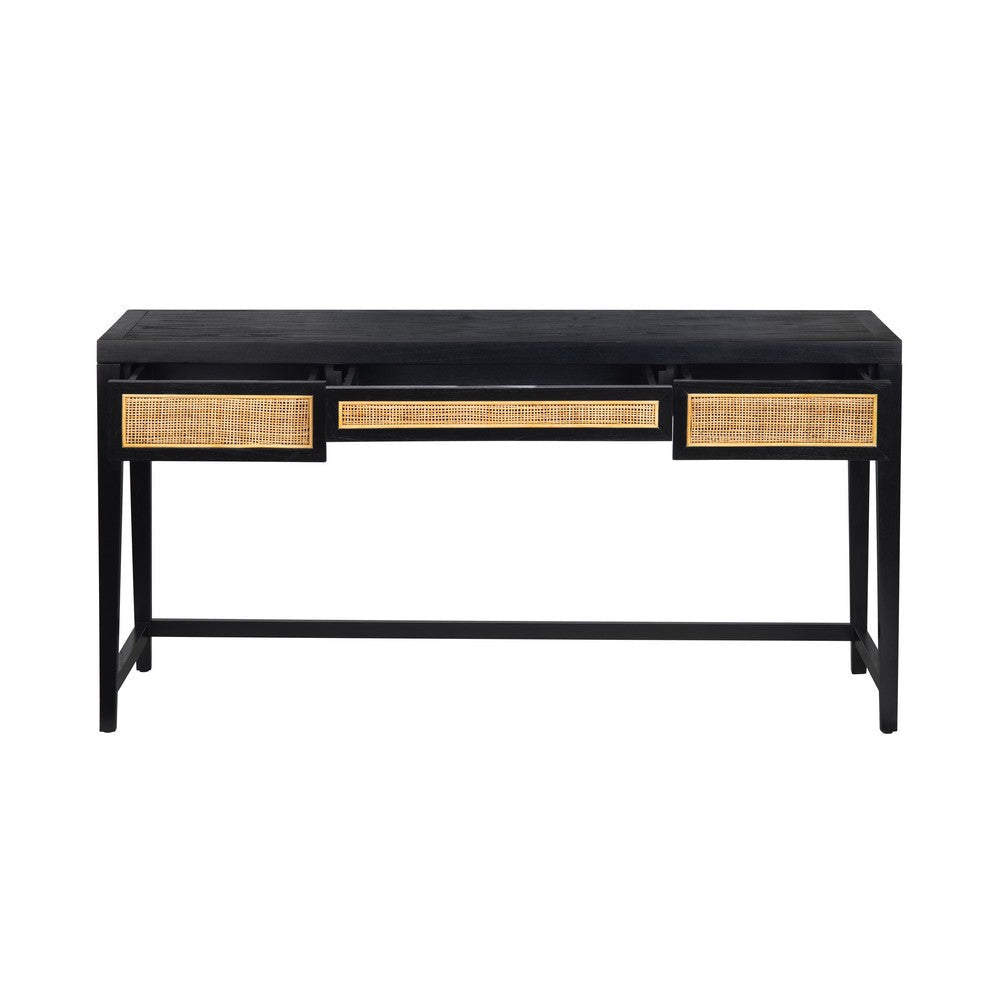 Crestview Nabi Writing Desk | 3 Drawers w Cane Fronts | Black | 60’’ CCL-CVFDR1311