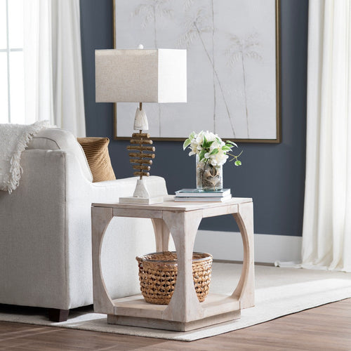Kely Side End Table | 22" Square Top | Lower Storage | Tan Solid Wood