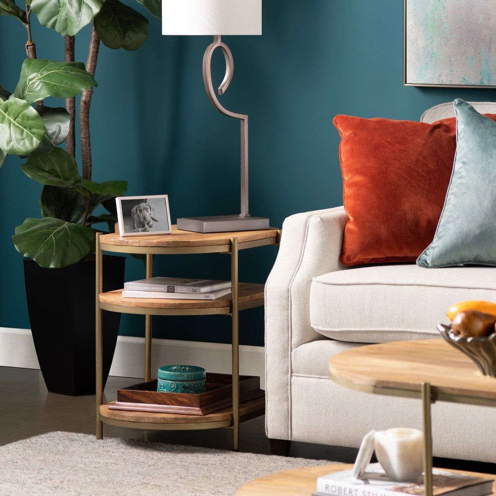 Yela Side End Table | 23" Oval Top | 3 Shelves | Brown Solid Wood