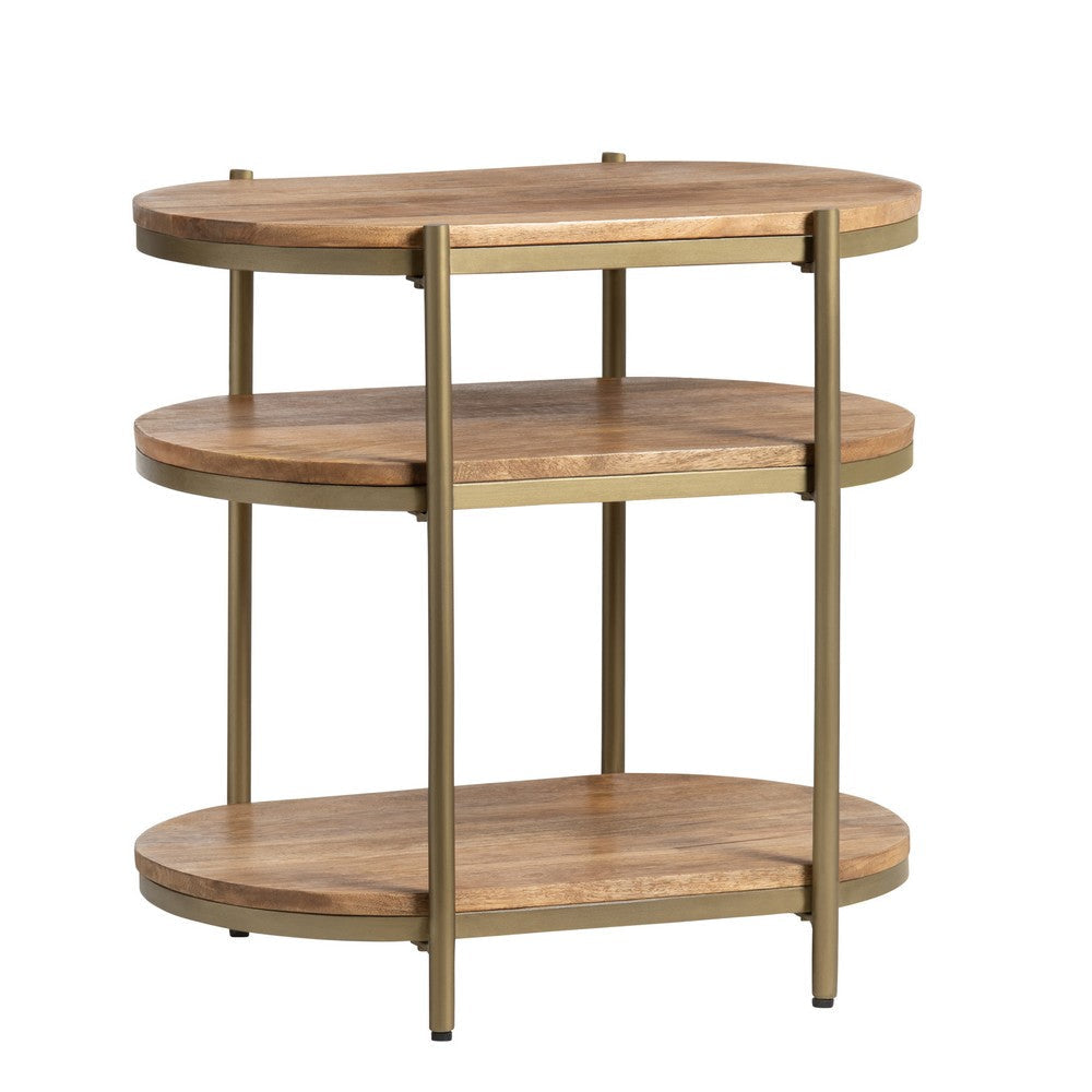 Yela Side End Table | 23" Oval Top | 3 Shelves | Brown Solid Wood
