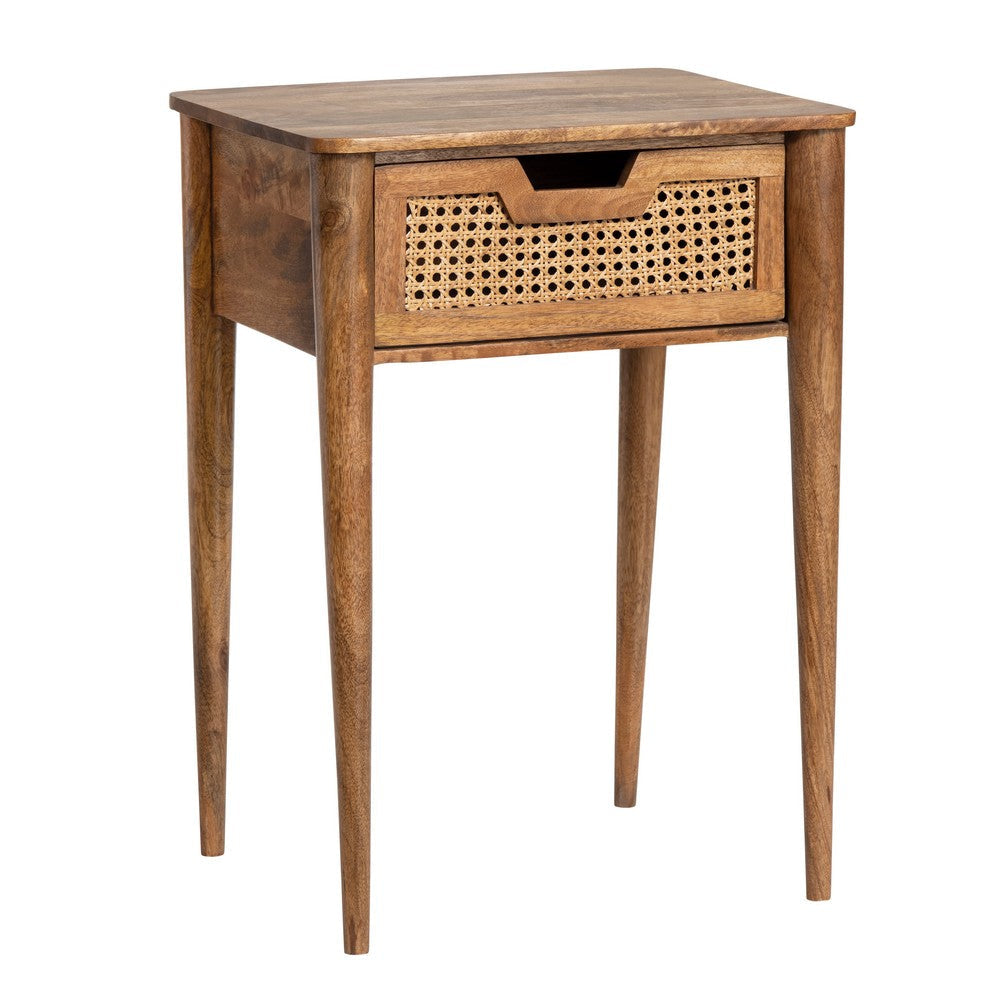 Wiz Side End Table | 18" Rectangular Top | 1 Rattan Drawer | Solid Wood
