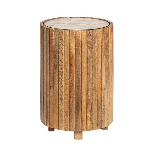 Kemy Side End Table | 15" Round Glass Top | Brown Solid Wood Slats