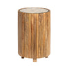 Kemy Side End Table | 15" Round Glass Top | Brown Solid Wood Slats