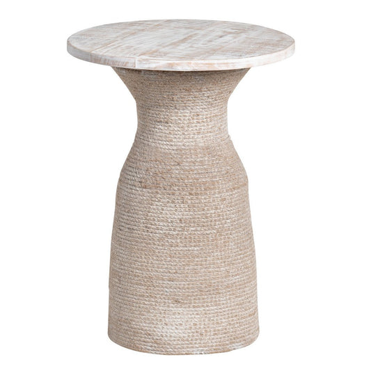 Tix Side End Table | 16" Round White Solid Wood Top | Beige Jute Rope
