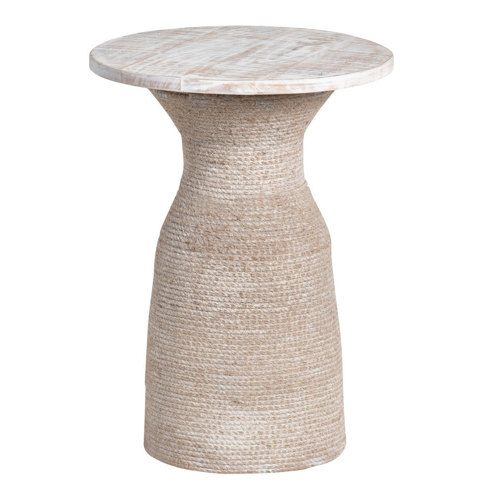 Tix Side End Table | 16" Round White Solid Wood Top | Beige Jute Rope