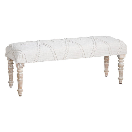 Acy Accent Bench | 46" Tufted Cream White Cotton Seat | Solid Wood