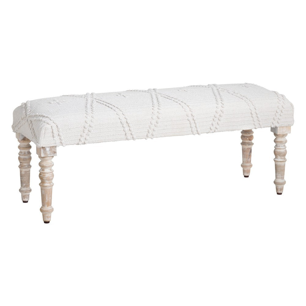 Acy Accent Bench | 46" Tufted Cream White Cotton Seat | Solid Wood