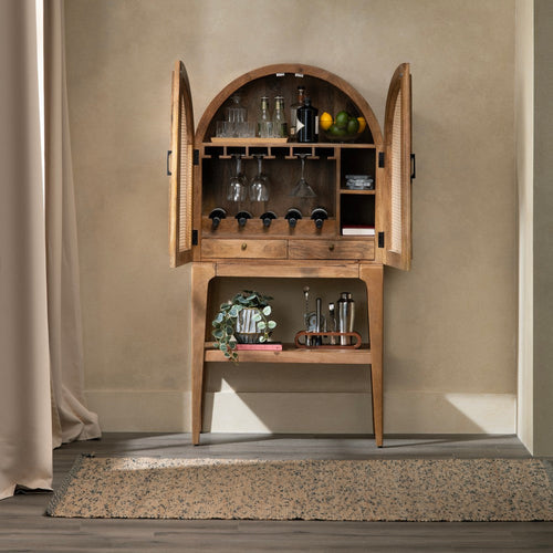 Crestview Casy Bar Cabinet | Brown Mango Wood | Rattan Woven 2 Arch Doors