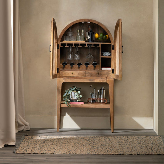 Crestview Casy Bar Cabinet | Brown Mango Wood | Rattan Woven 2 Arch Doors