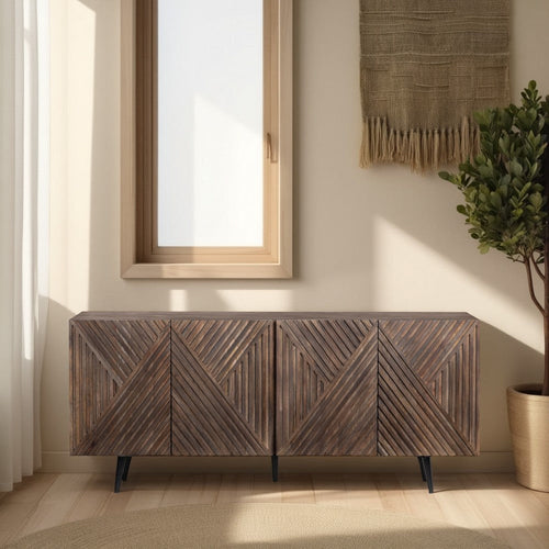 Crestview Oery Sideboard Credenza | 4 Brown Geometric Doors | 69"