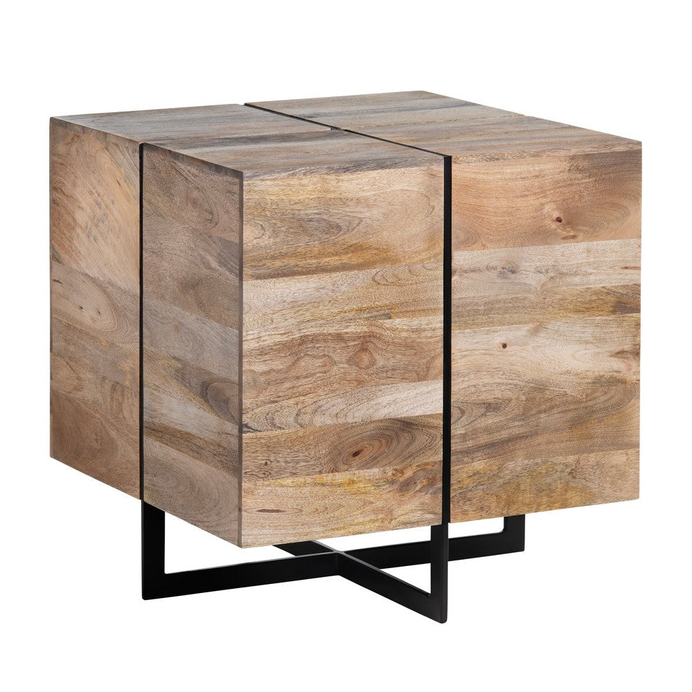 Brin Side End Table | 22" Square Natural Brown Solid Wood Top | Iron