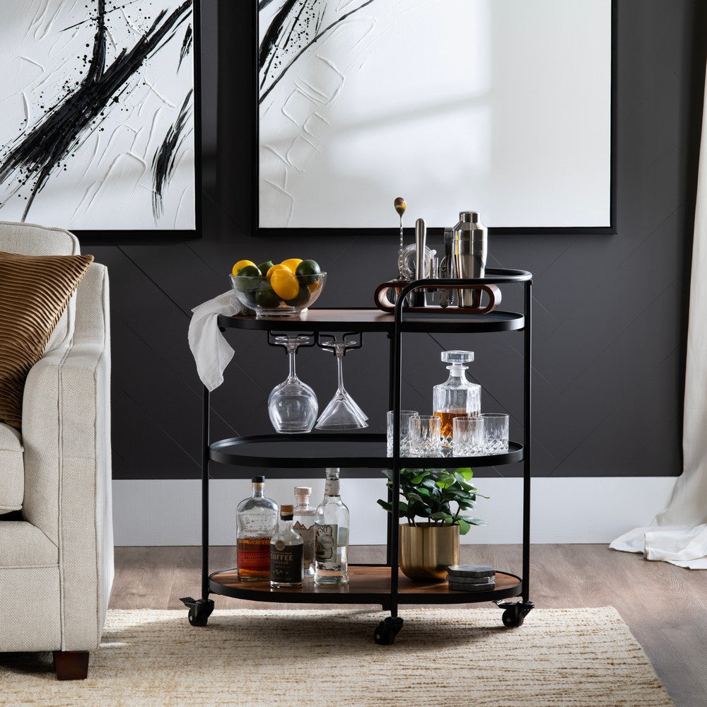Crestview Jaz Rolling Bar Cart with Wheels | 3 Open Shelves | Black Iron