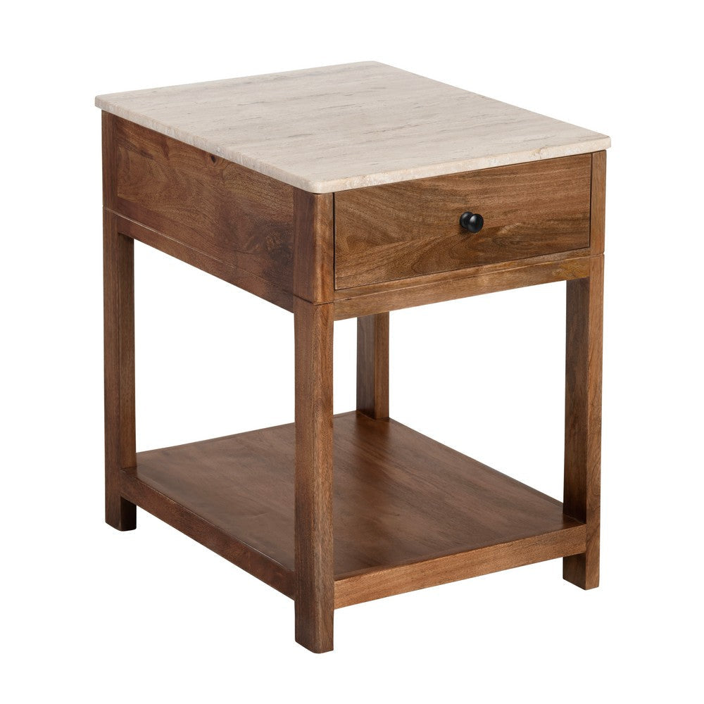 Crestview Lio Side End Table | 22" Beige Travertine w Drawer | Brown