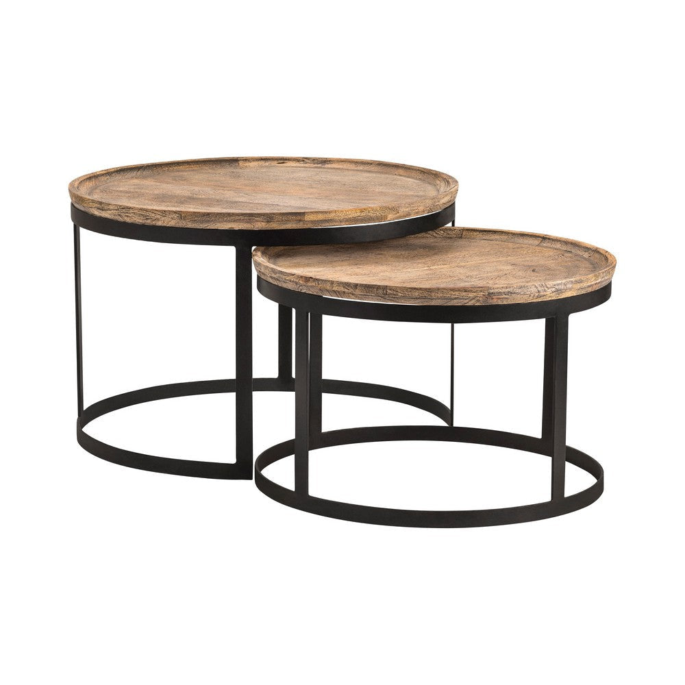 Anie 2pc Nesting Cocktail Table Set | Round Brown Solid Wood | Black Metal