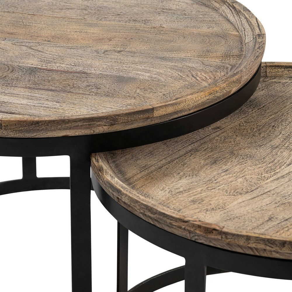 Anie 2pc Nesting Cocktail Table Set | Round Brown Solid Wood | Black Metal CCL-CVFNR464