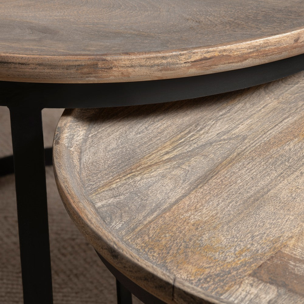 Anie 2pc Nesting Cocktail Table Set | Round Brown Solid Wood | Black Metal CCL-CVFNR464