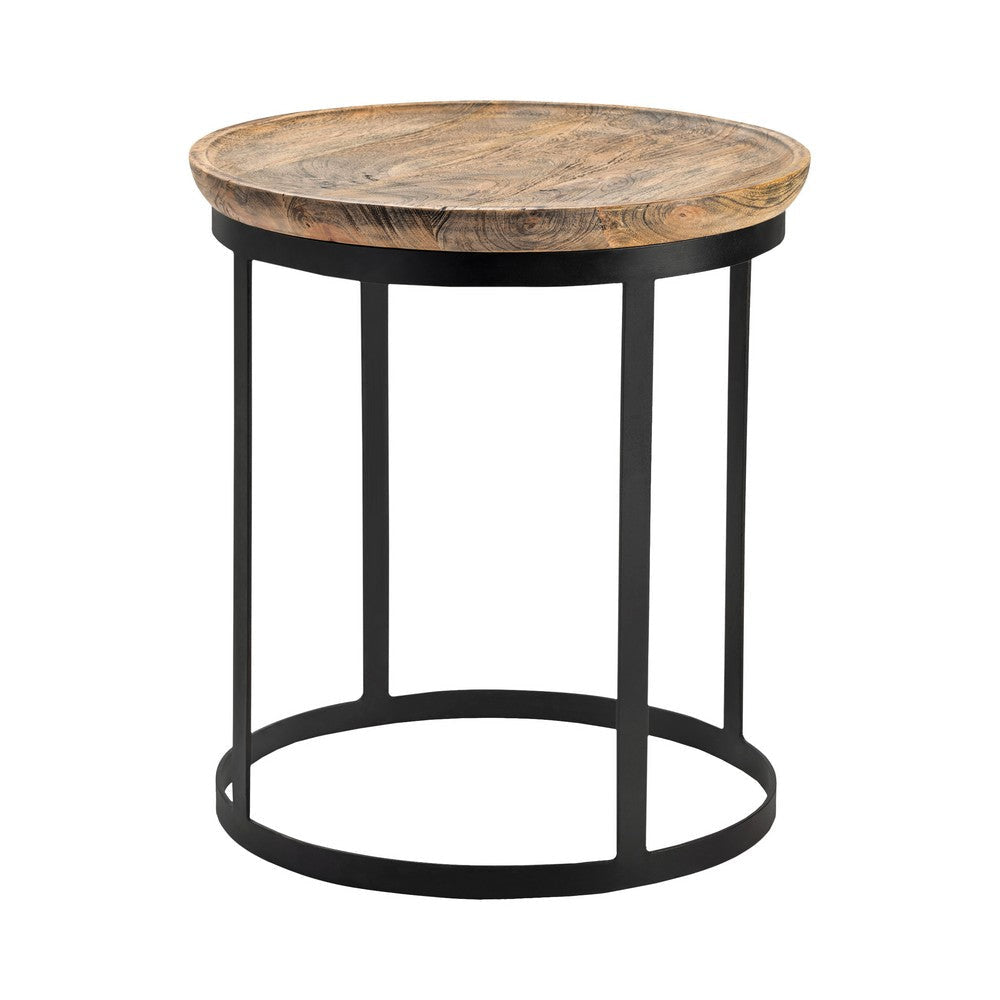 Anie Side End Table | 22" Round Brown Solid Wood Top | Black Metal