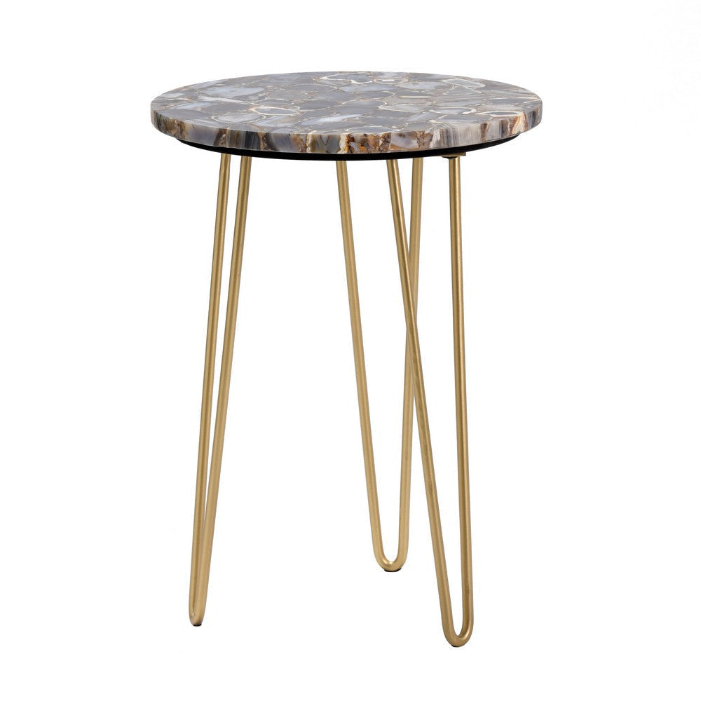 Wesy Accent Table | 17" Round Agate Stone Top | Gold Iron Tri-Legs