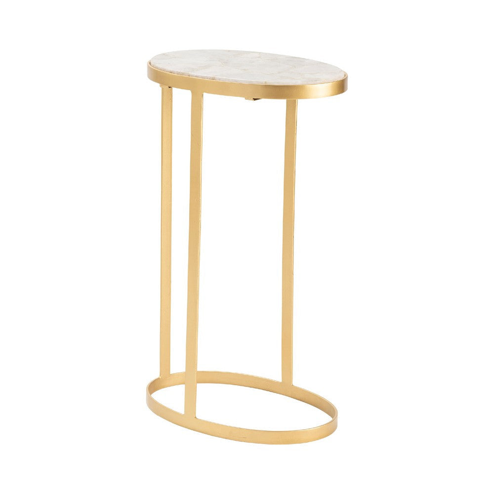 Ria Accent Table, Oval White Agate Top, Brushed Gold C Iron Base, 16"