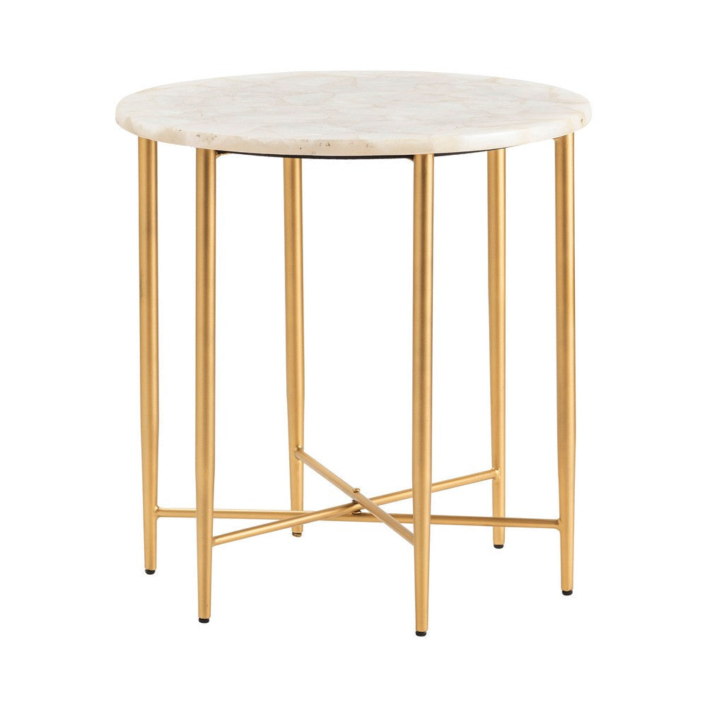 Accent Table, Round White Quartz Top, Gold Iron Asterisk Base, 24"