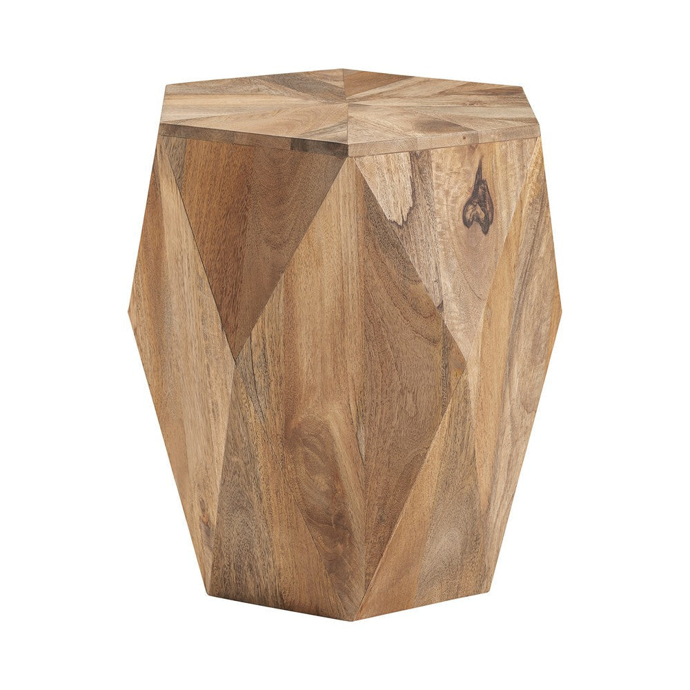 Ruvi End Table, Hexagonal Top, Geometric, Natural Brown Wood, 20"
