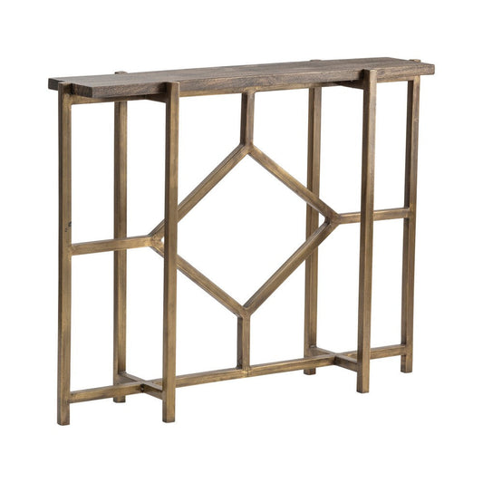Beny Sofa Console Table | 42" Plank Top | Gold Iron Lattice Base