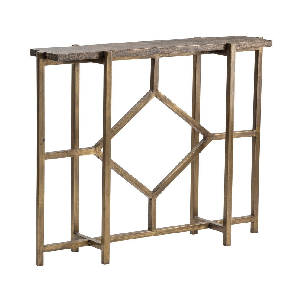 Beny Sofa Console Table | 42" Plank Top | Gold Iron Lattice Base