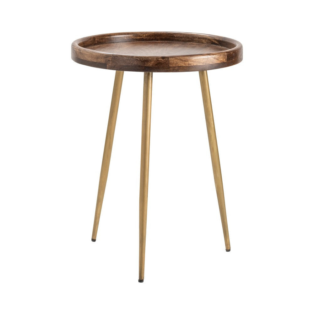 Sily Accent Table | 20" Round Espresso Brown Tray Top | Brass Legs
