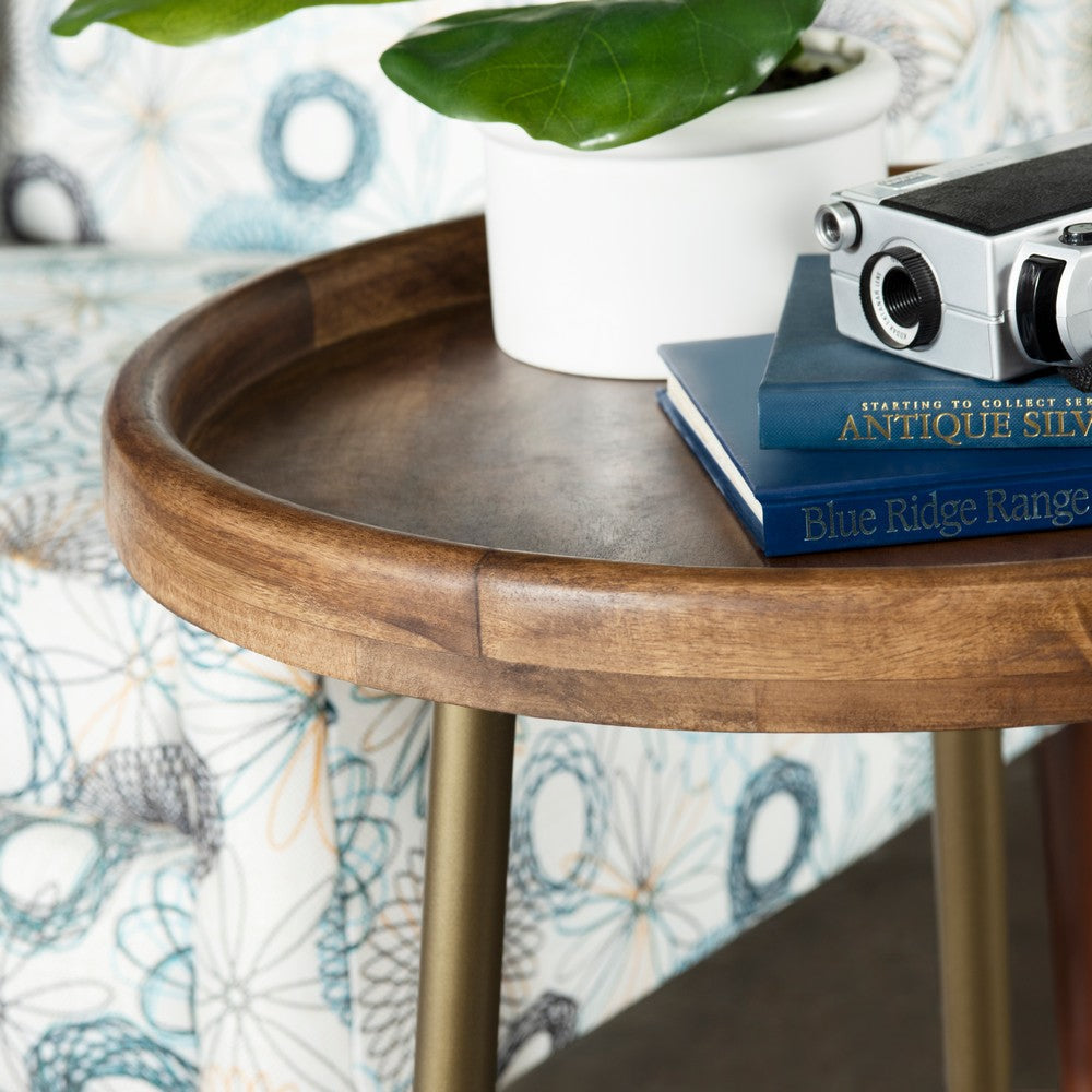 Sily Accent Table | 20" Round Espresso Brown Tray Top | Brass Legs