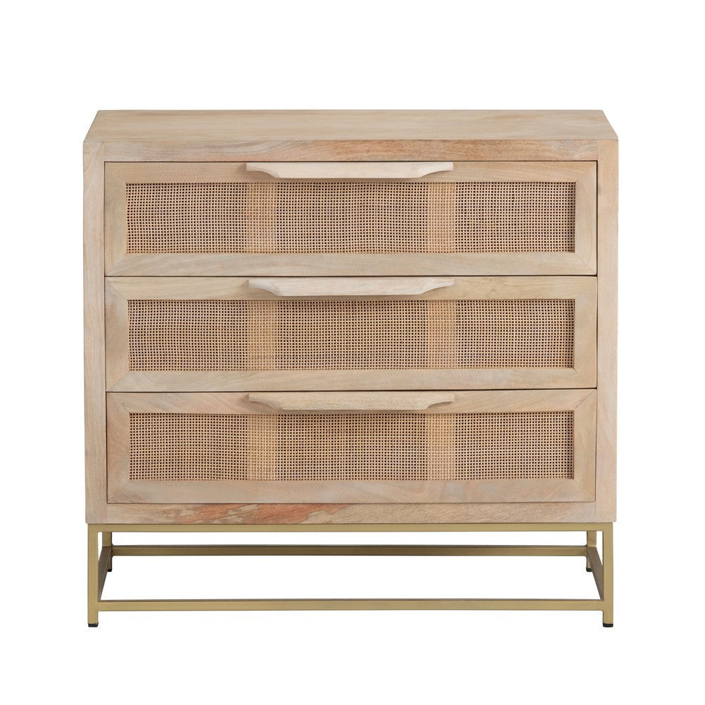 Casy Side Chest | 30’’ Nightstand | 3 Cane Front Drawers | Gold Metal Base CCL-CVFNR705