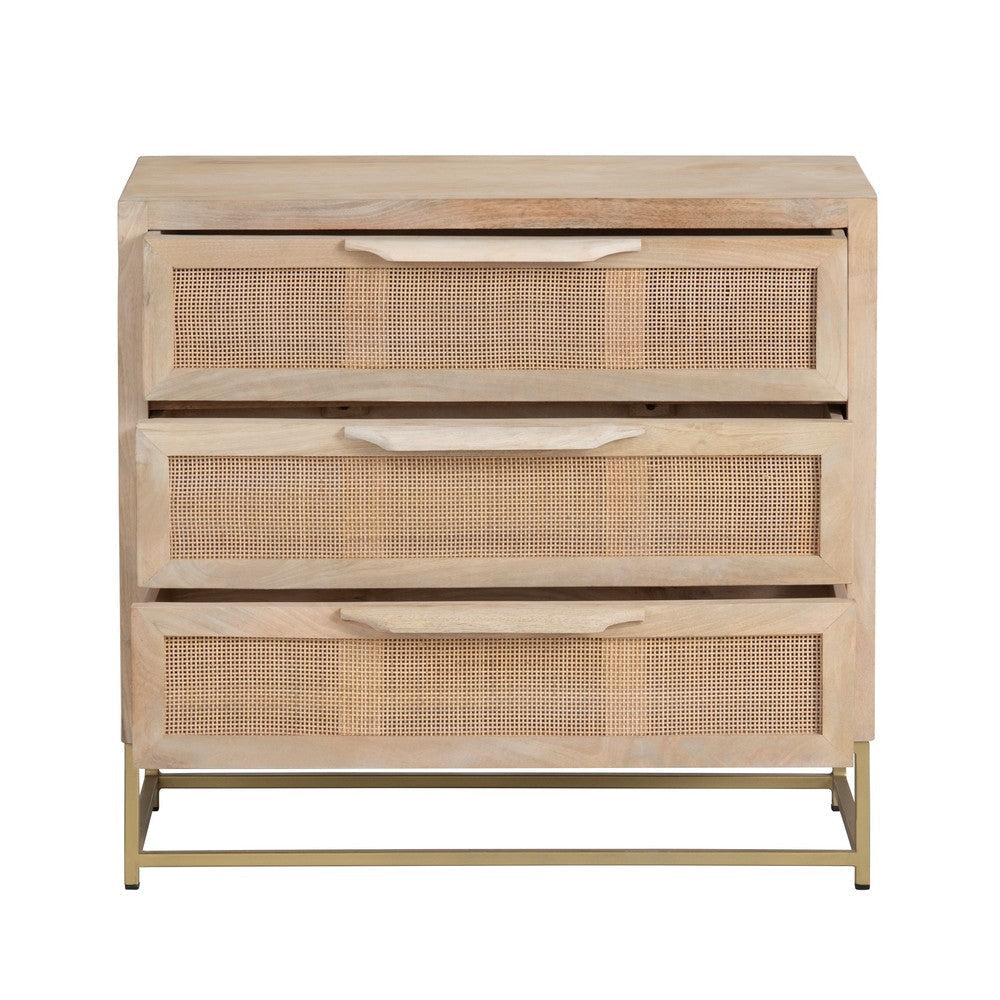 Casy Side Chest | 30’’ Nightstand | 3 Cane Front Drawers | Gold Metal Base CCL-CVFNR705