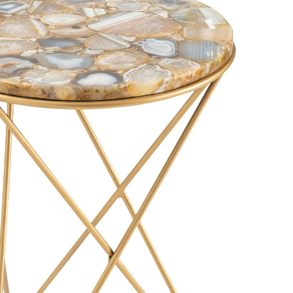 Oliv Accent Table | 17’’ Round Agate Stone Top | Gold Iron Frame CCL-CVFNR835