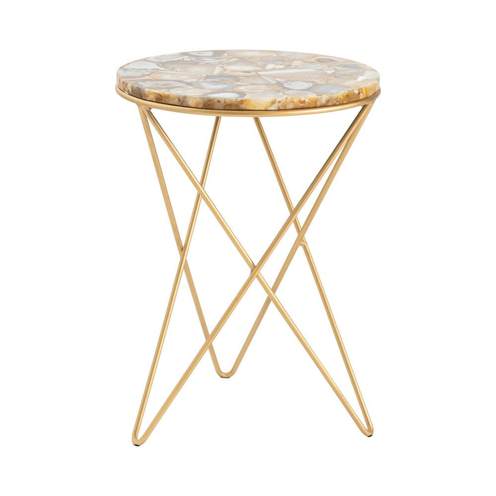 Oliv Accent Table | 17" Round Agate Stone Top | Gold Iron Frame