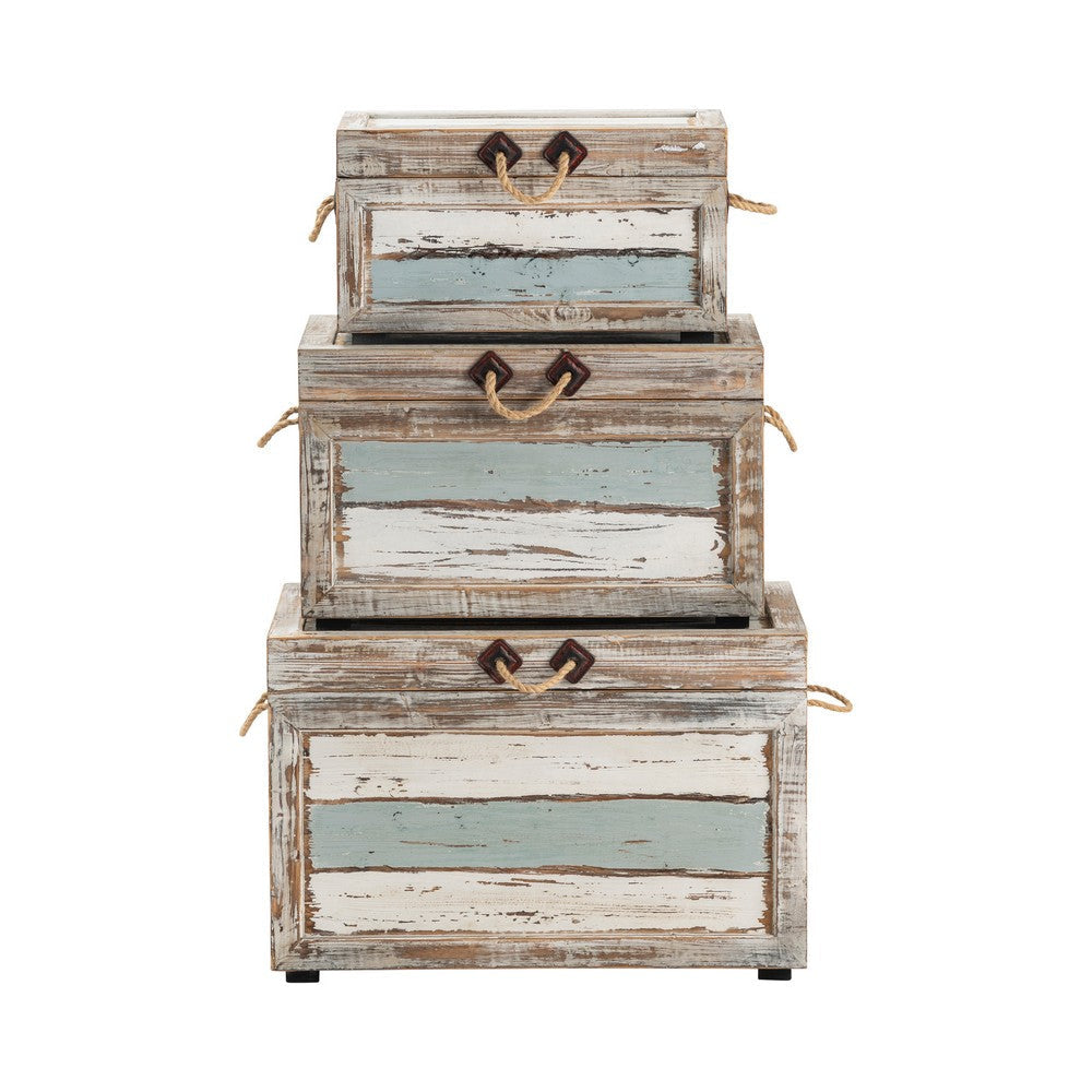 Fea Storage Trunk Set of 3 | Rope Handles | Distressed Brown & Blue Wood
