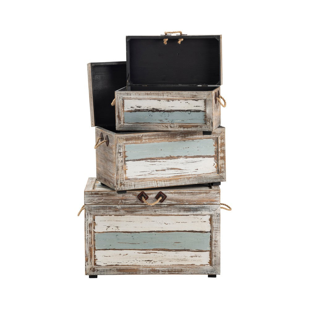 Fea Storage Trunk Set of 3 | Rope Handles | Distressed Brown & Blue Wood CCL-CVFZR1245