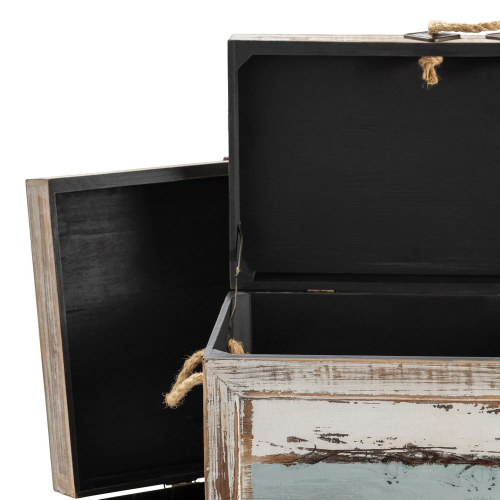 Fea Storage Trunk Set of 3 | Rope Handles | Distressed Brown & Blue Wood CCL-CVFZR1245