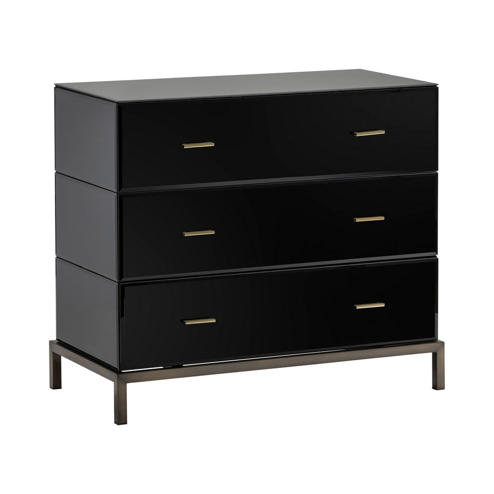 Crestview Merc Nightstand Chest | Glass | 3 Black Drawers | Brass Hardware