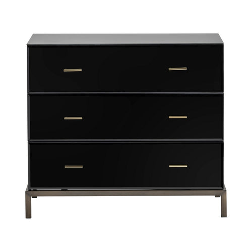 Crestview Merc Nightstand Chest | Glass | 3 Black Drawers | Brass Hardware