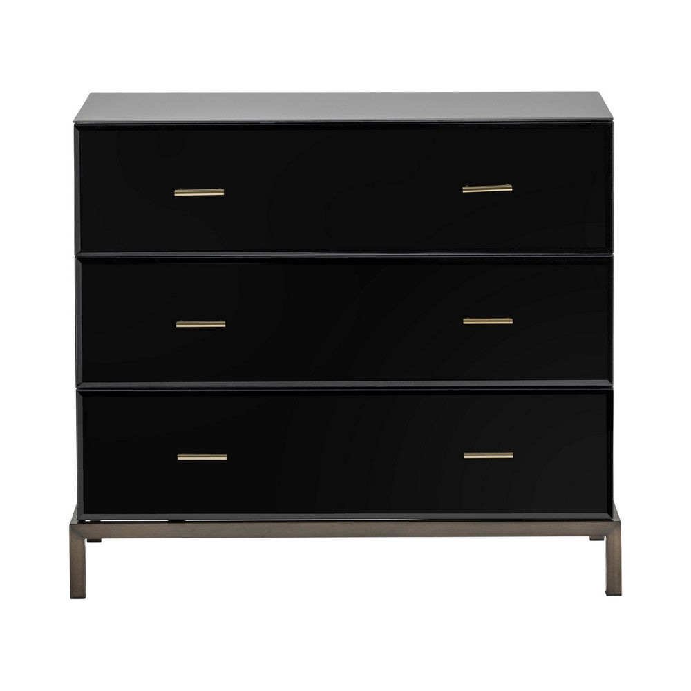 Crestview Merc Nightstand Chest | Glass | 3 Black Drawers | Brass Hardware