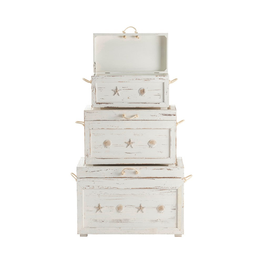 Crestview Sesy Set of 3 Trunk Chests | Coastal Coral, Rope | Whitewash