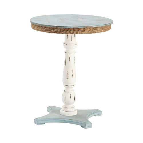 Coastal Accent Table | 21" Round Blue Top | White Turned Pillar Body