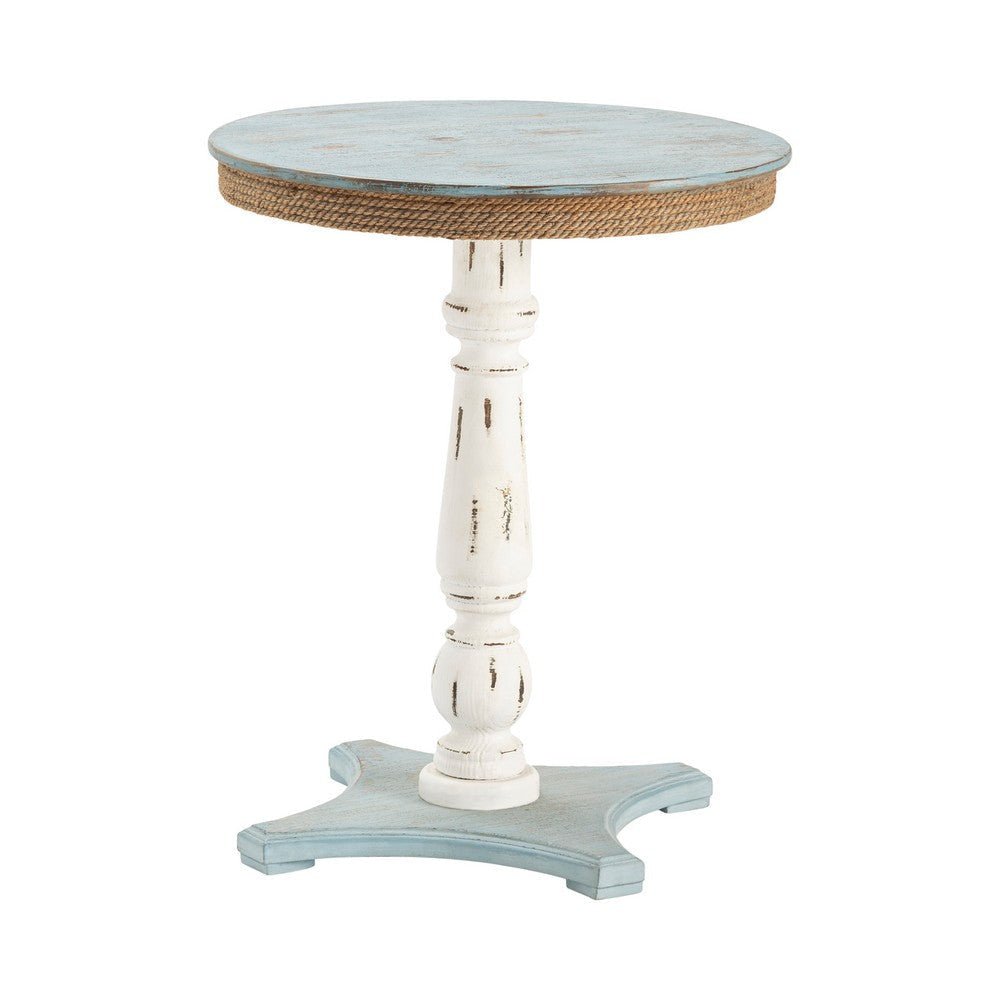 Coastal Accent Table | 21" Round Blue Top | White Turned Pillar Body