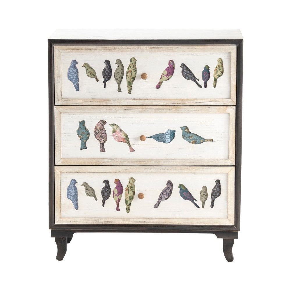Crestview Bery Nightstand 3 Drawer Chest w Painted Birds | White, Brown