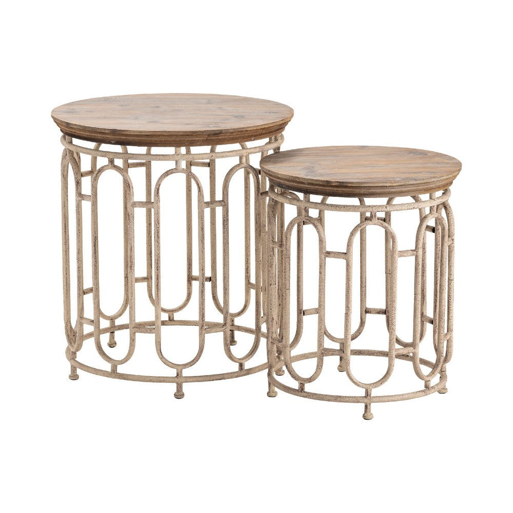 Nesting Accent Table Set of 2 | Round Acacia Wood | Beige Iron Cage CCL-CVFZR2275