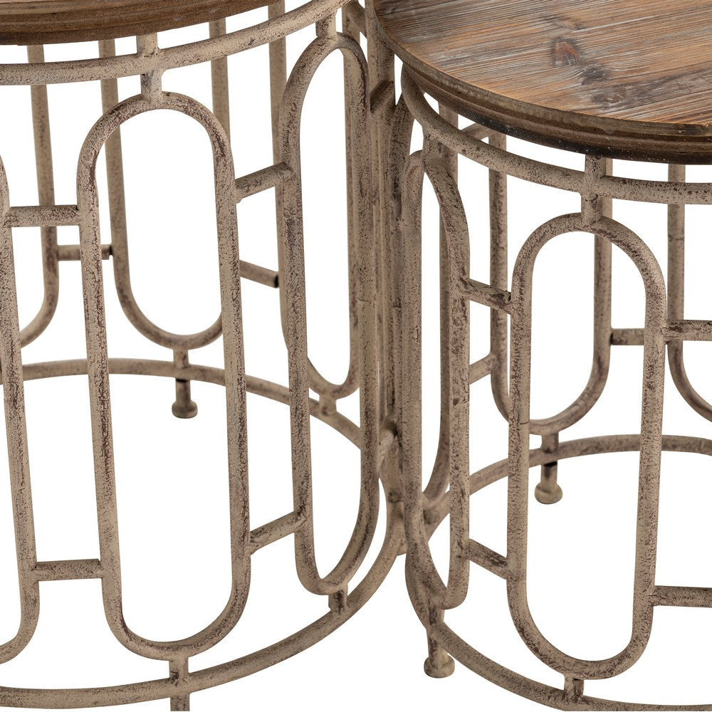 Nesting Accent Table Set of 2 | Round Acacia Wood | Beige Iron Cage CCL-CVFZR2275