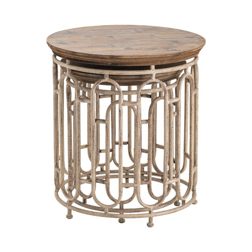 Nesting Accent Table Set of 2 | Round Acacia Wood | Beige Iron Cage