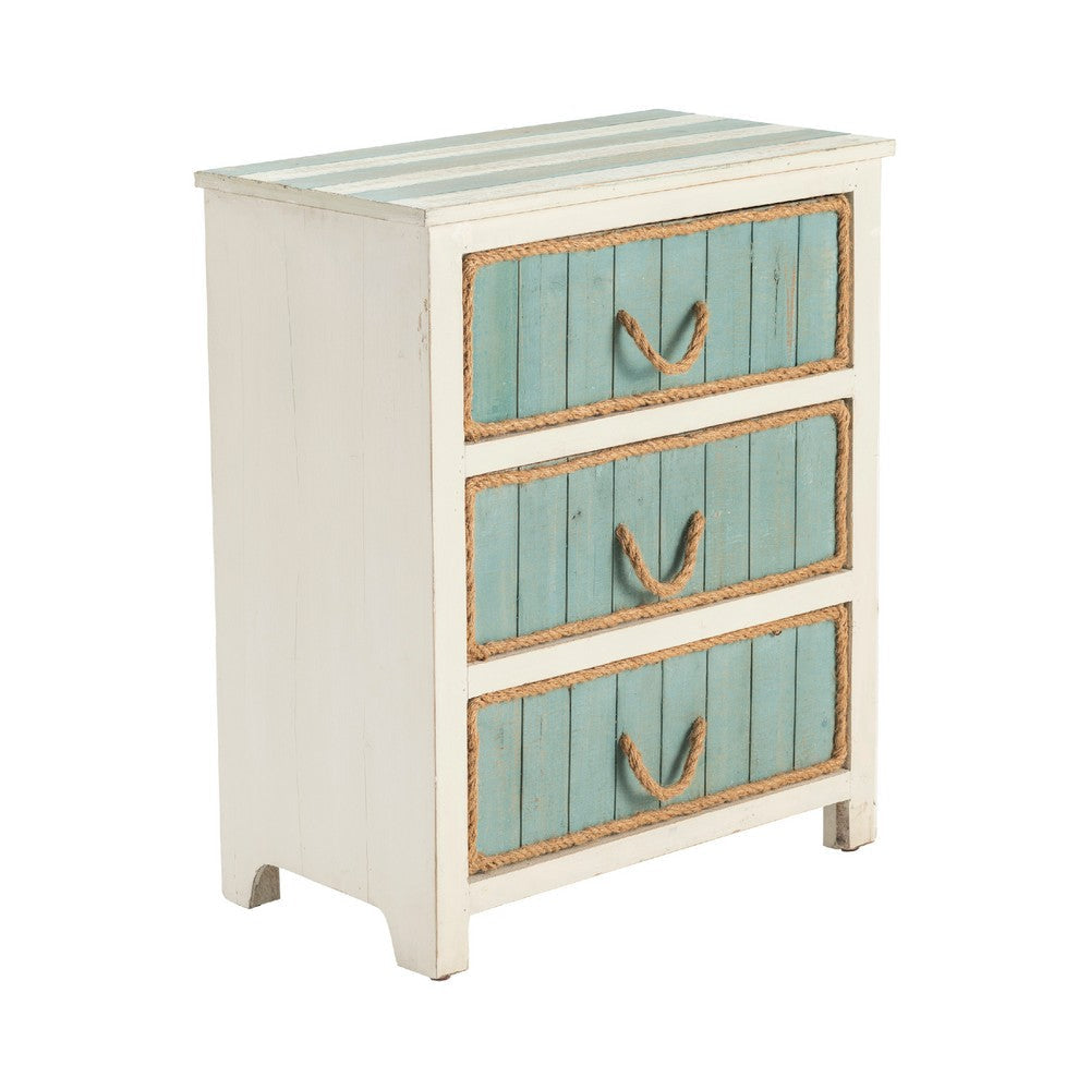 Accent Nightstand Chest | 3 Turquoise Drawers | Jute Rope Handles | White